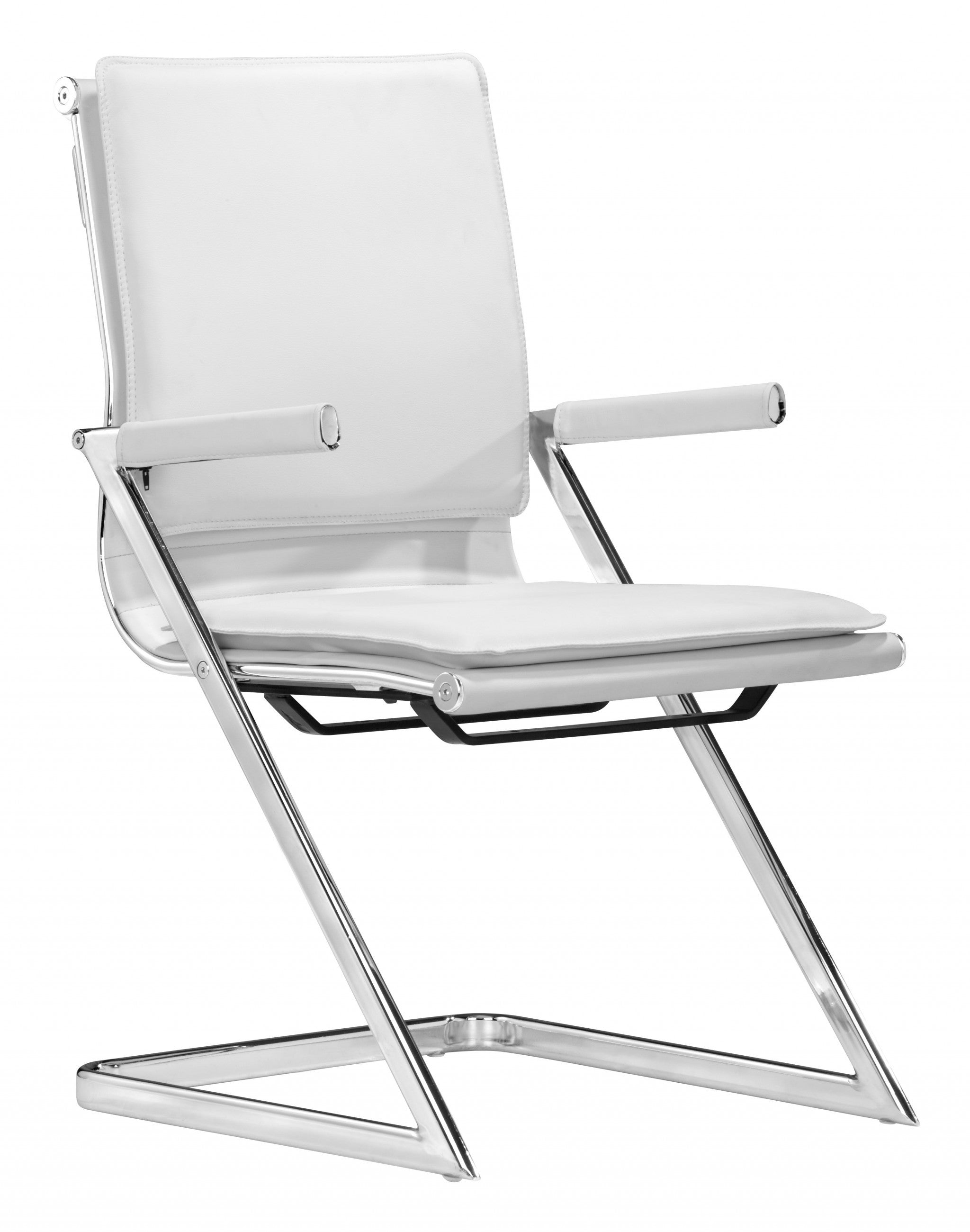 White Faux Leather Seat Adjustable Conference Chair Metal Back Steel Frame Set Of Two