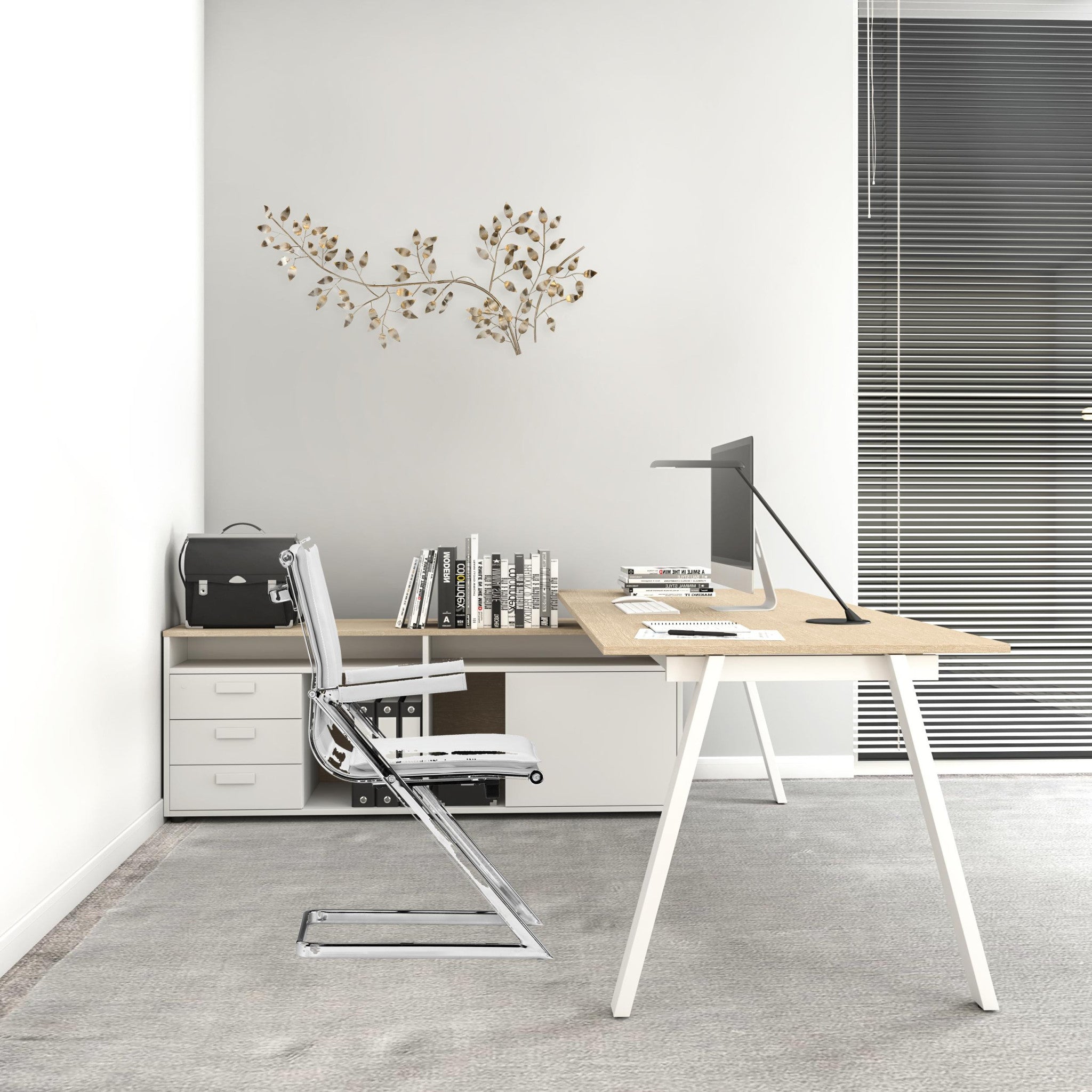 White Faux Leather Seat Adjustable Conference Chair Metal Back Steel Frame Set Of Two