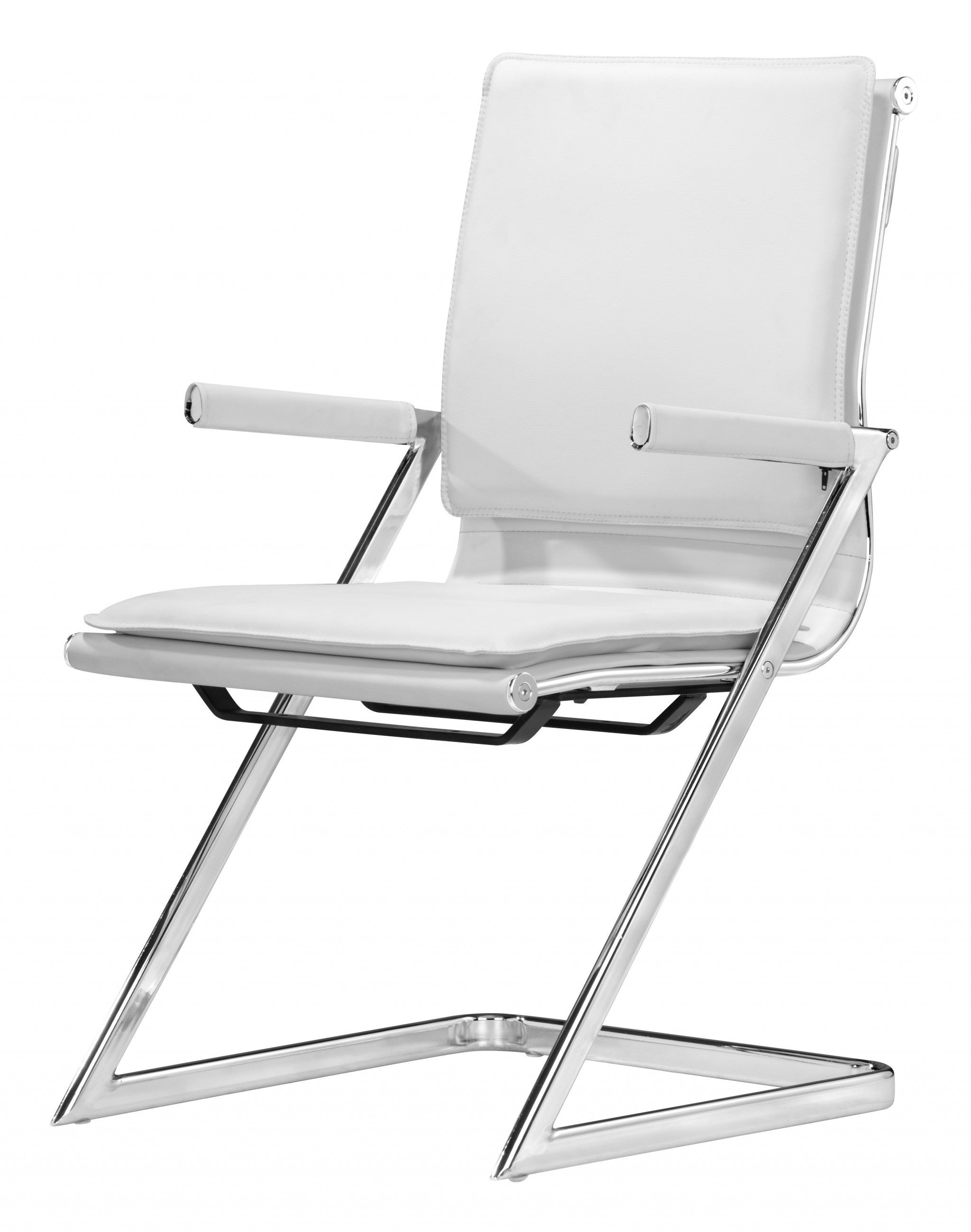 White Faux Leather Seat Adjustable Conference Chair Metal Back Steel Frame Set Of Two