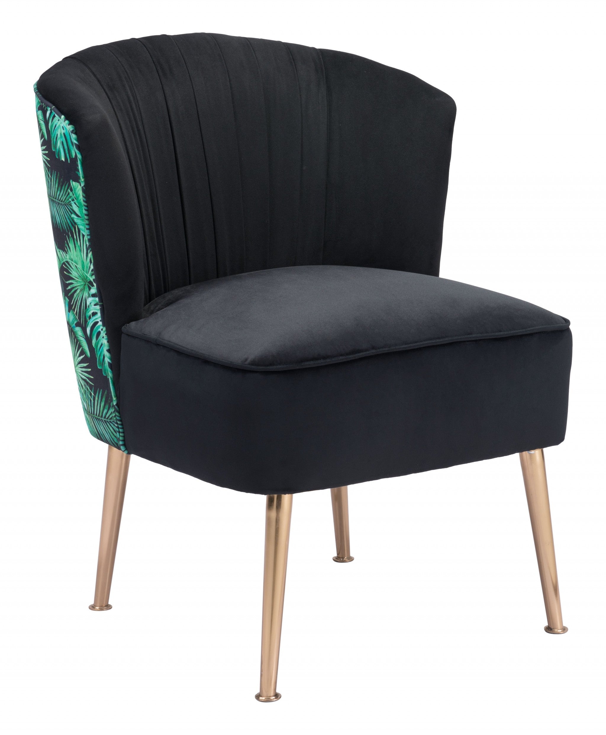 26" Black Velvet And Gold Tropical Print Side Chair