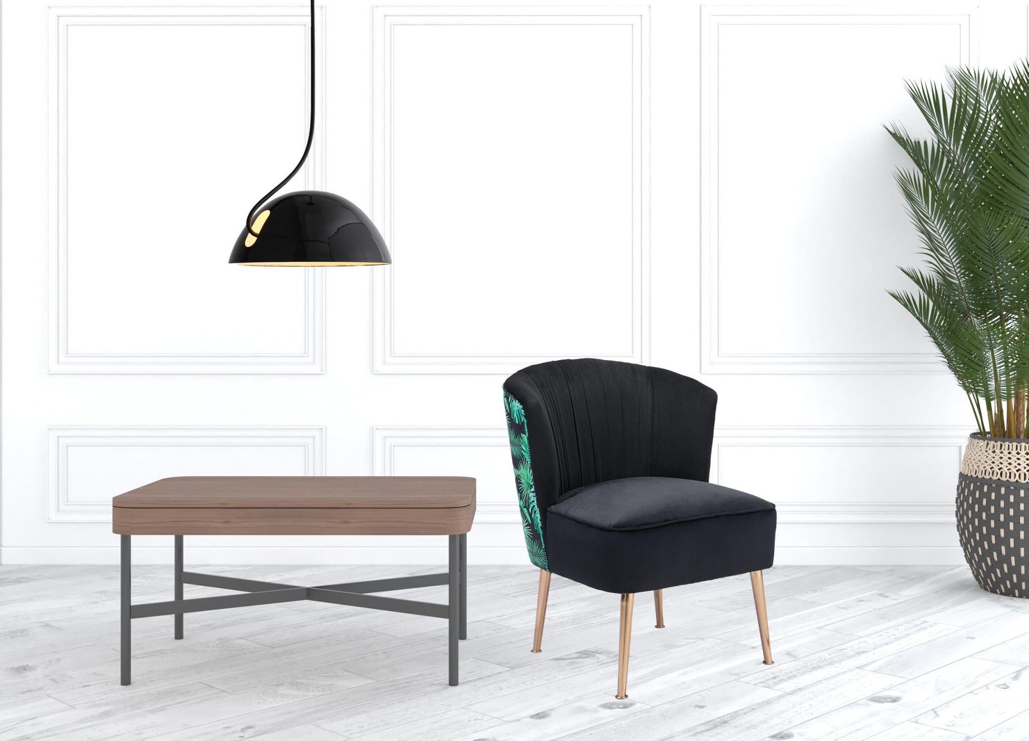 26" Black Velvet And Gold Tropical Print Side Chair