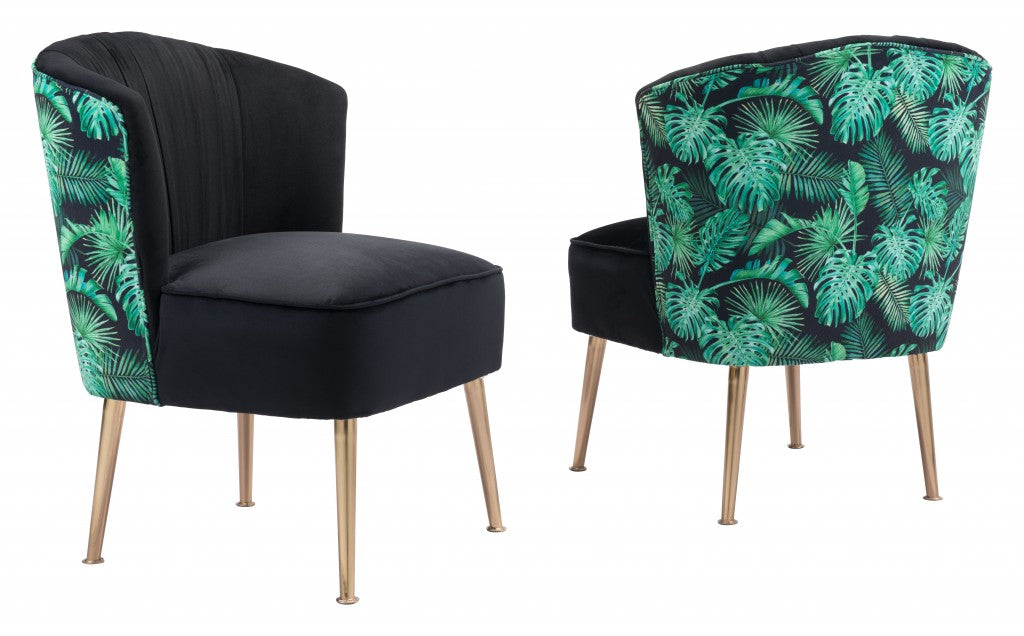 26" Black Velvet And Gold Tropical Print Side Chair