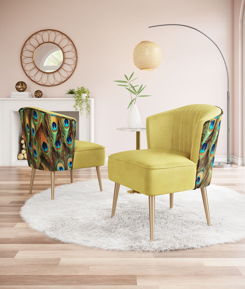 Gold Velvet Peacock Print Side Chair 26"