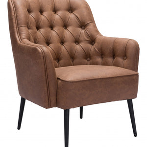 29" Brown Faux Leather And Gold Tufted Arm Chair