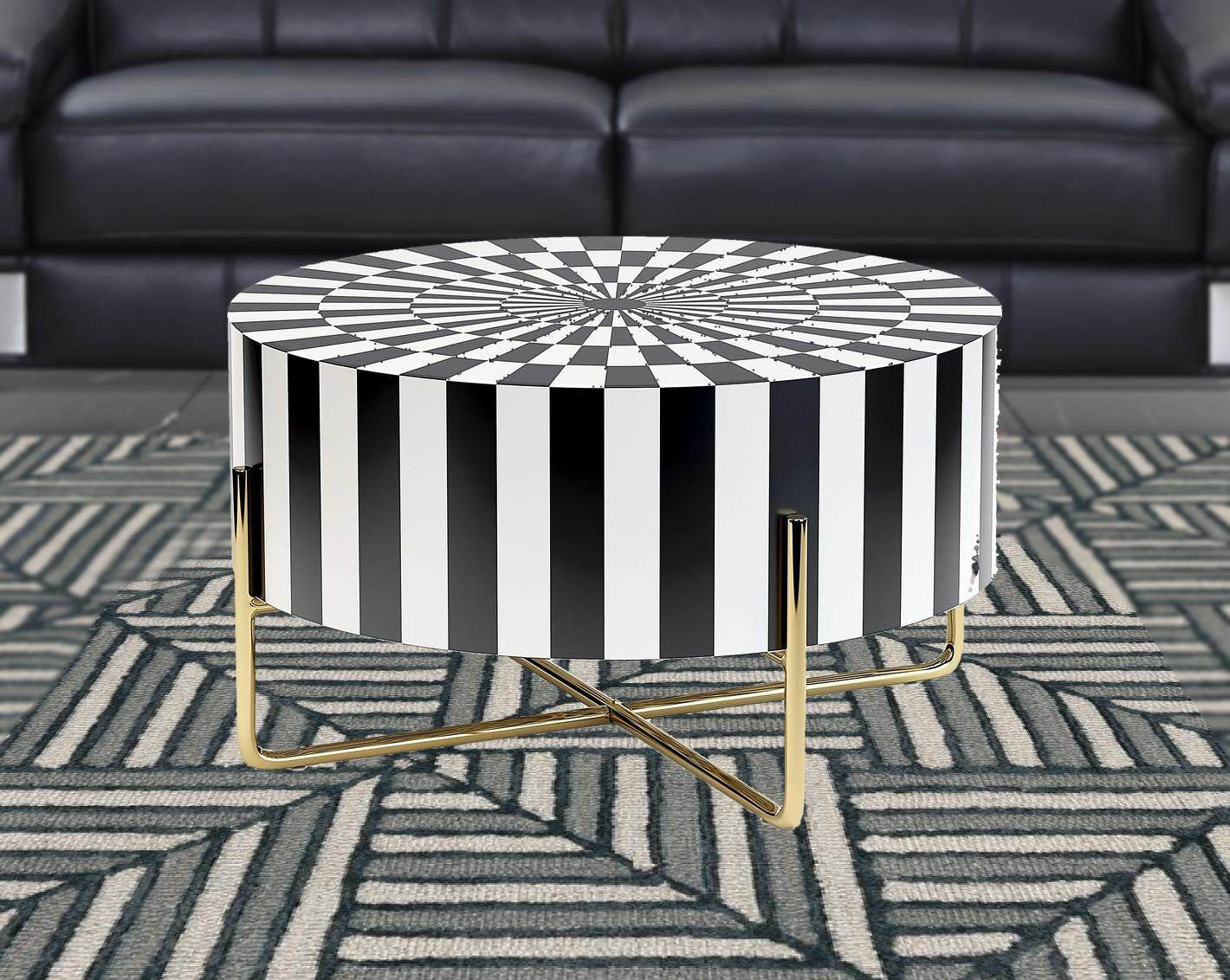 Black White and Gold Modern Deco Round Resin Coffee Table 30"