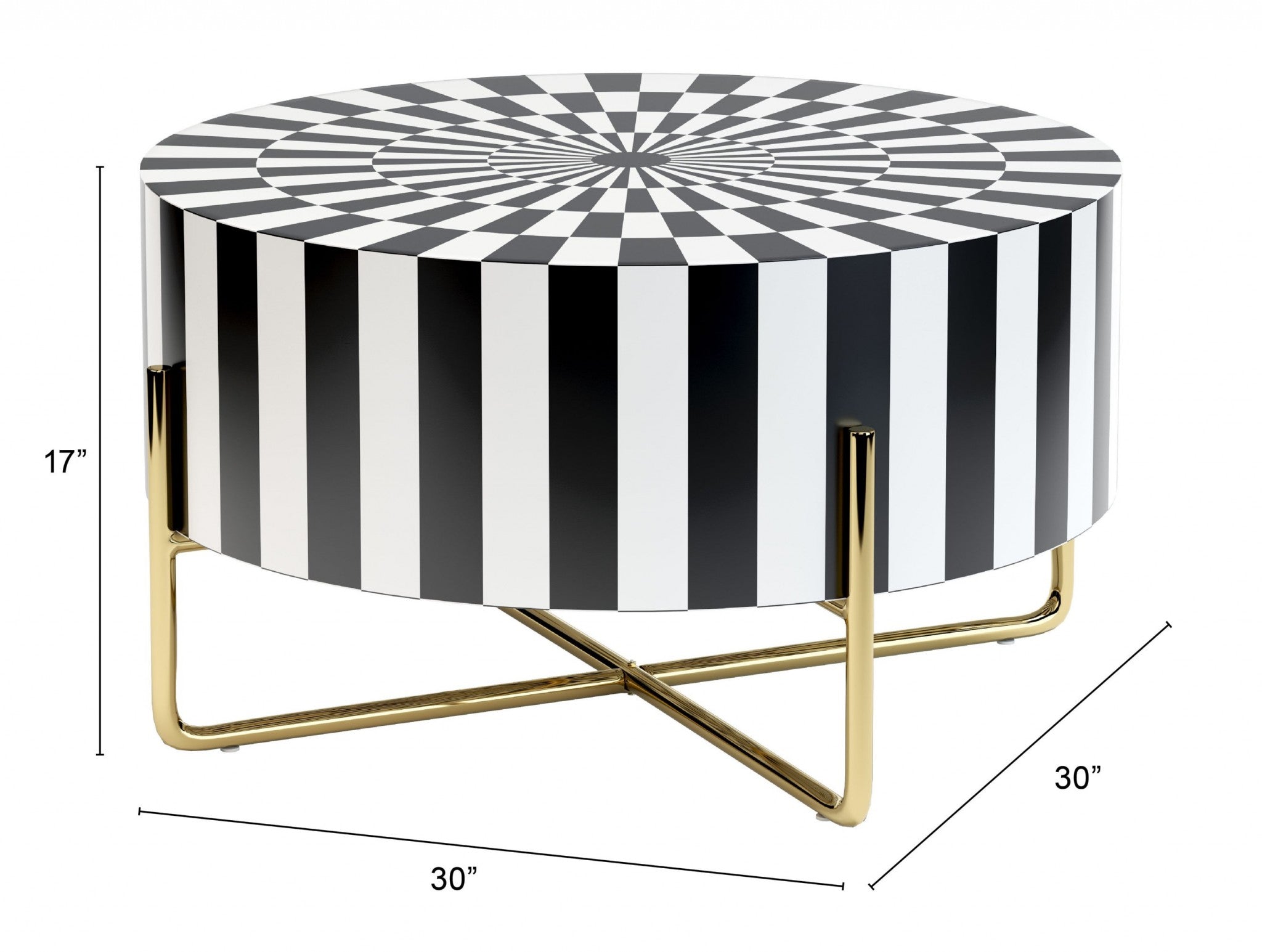 Black White and Gold Modern Deco Round Resin Coffee Table 30"