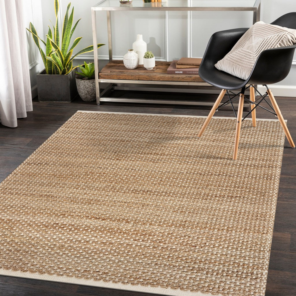 5’ x 8’ Tan and White Detailed Woven Area Rug