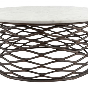 36" Antiqued Bronze And White Genuine Marble Round Coffee Table