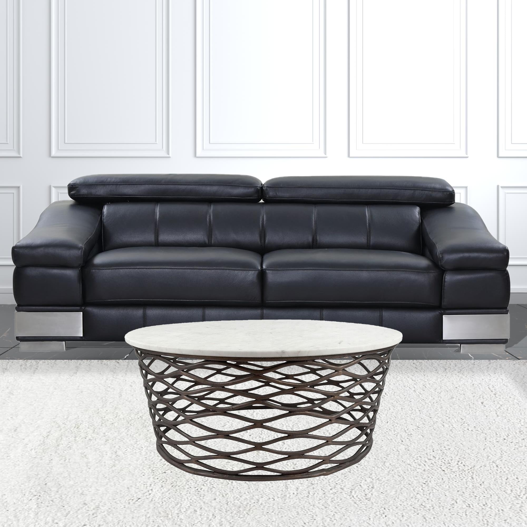 Mesa de centro redonda de mármol blanco y bronce envejecido de 36"