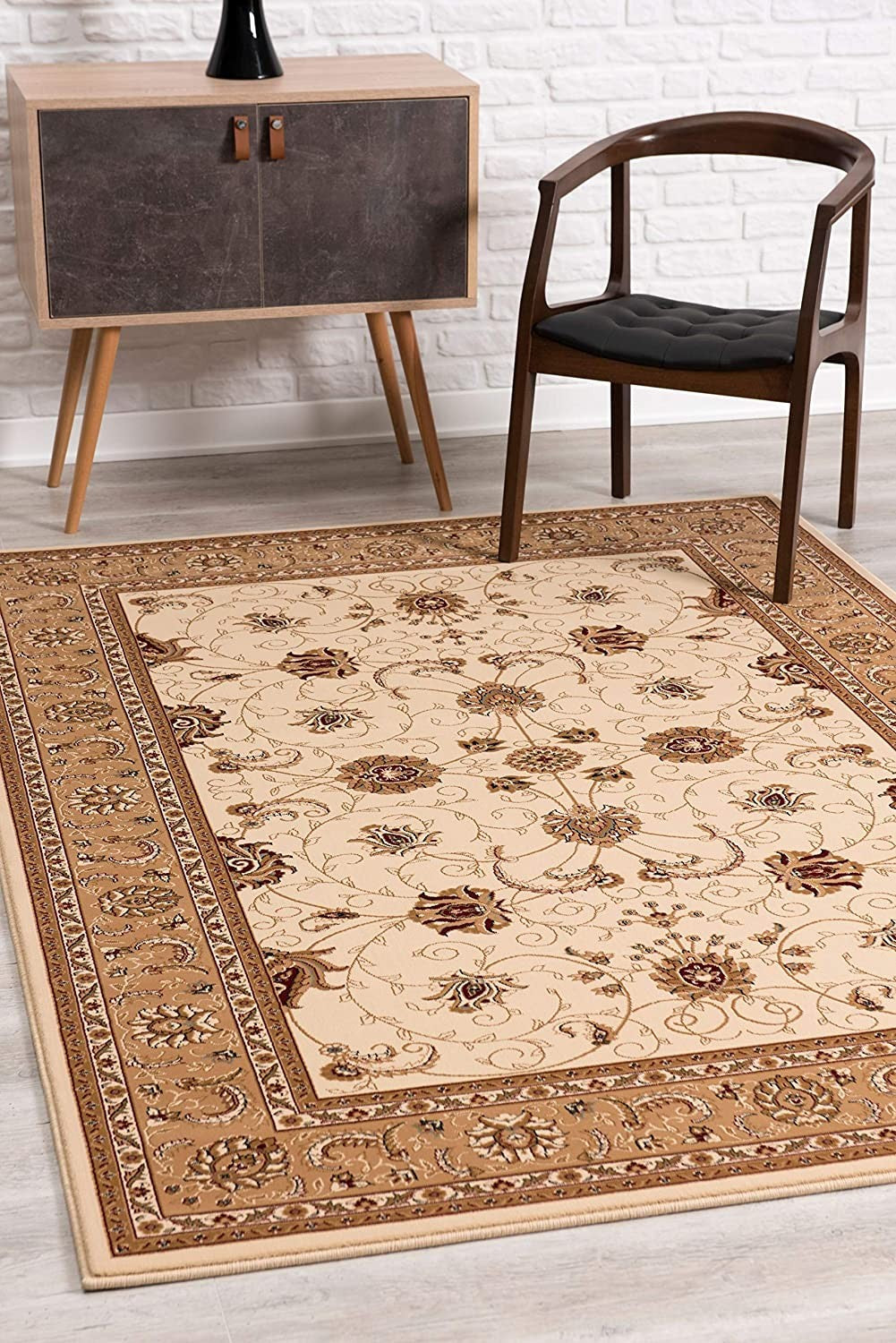 Cream and Tan Ornate Border Runner Rug - 2’ x 10’
