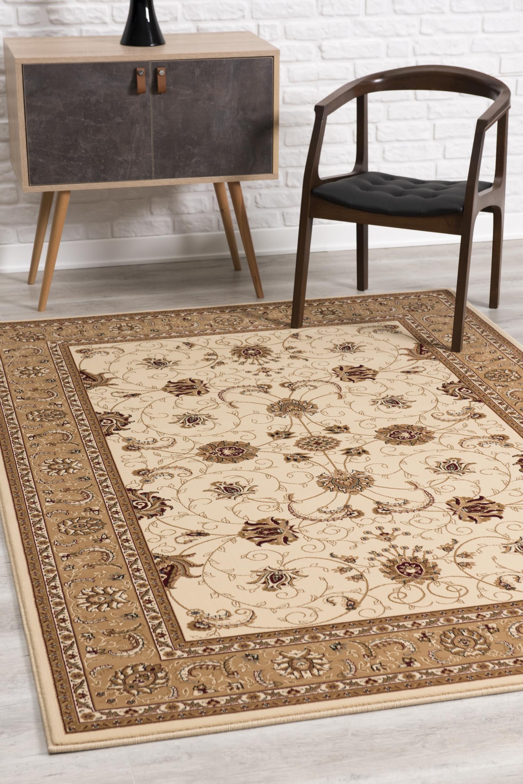 Cream and Tan Ornate Border Runner Rug - 2’ x 10’