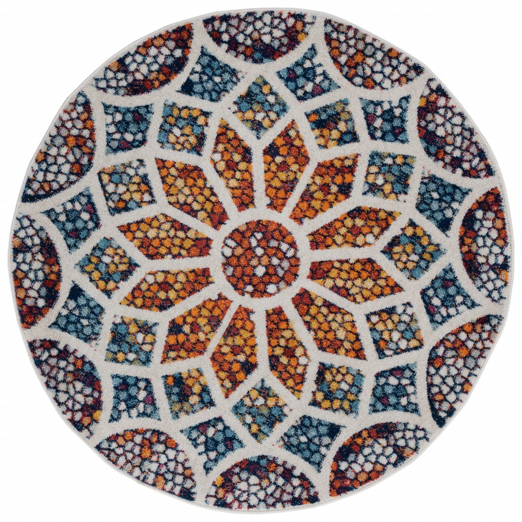 4’ Round Multicolored Floral Mosaic Area Rug