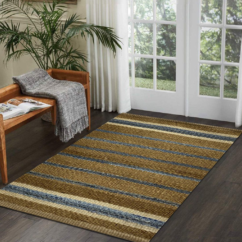 5’ x 7’ Tan and Blue Striped Area Rug
