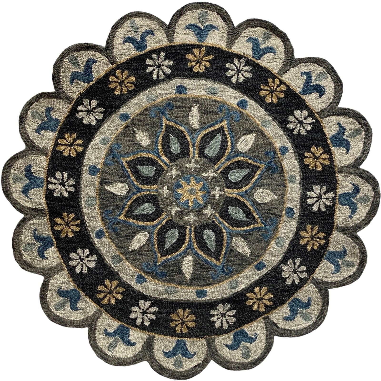 3’ Round Gray Border Floral Medallion Area Rug