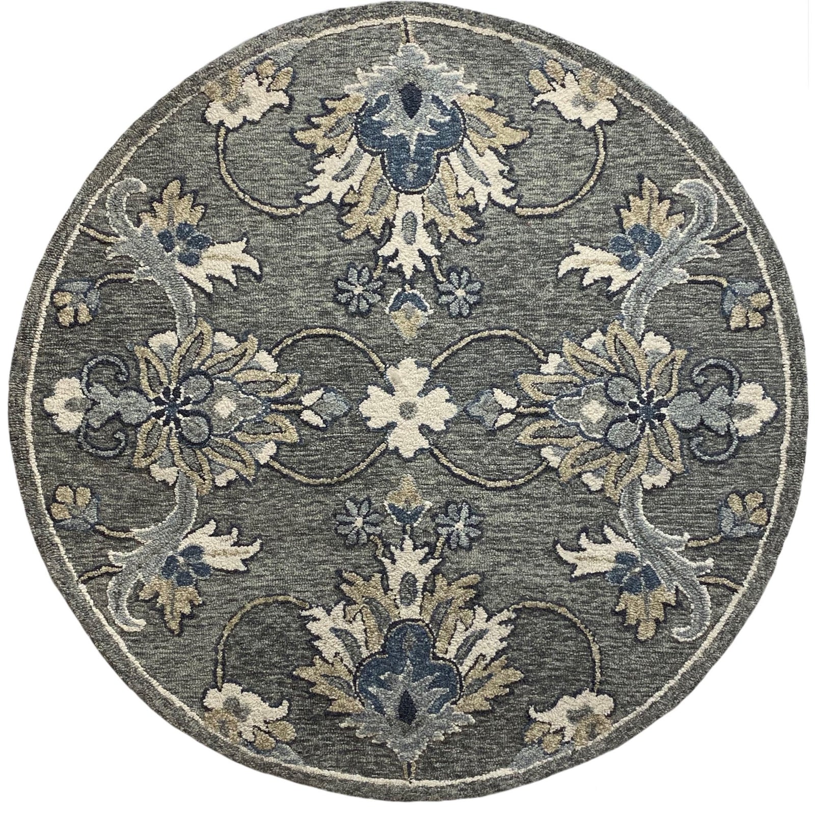 3’ Round Gray Floral FIligree Area Rug