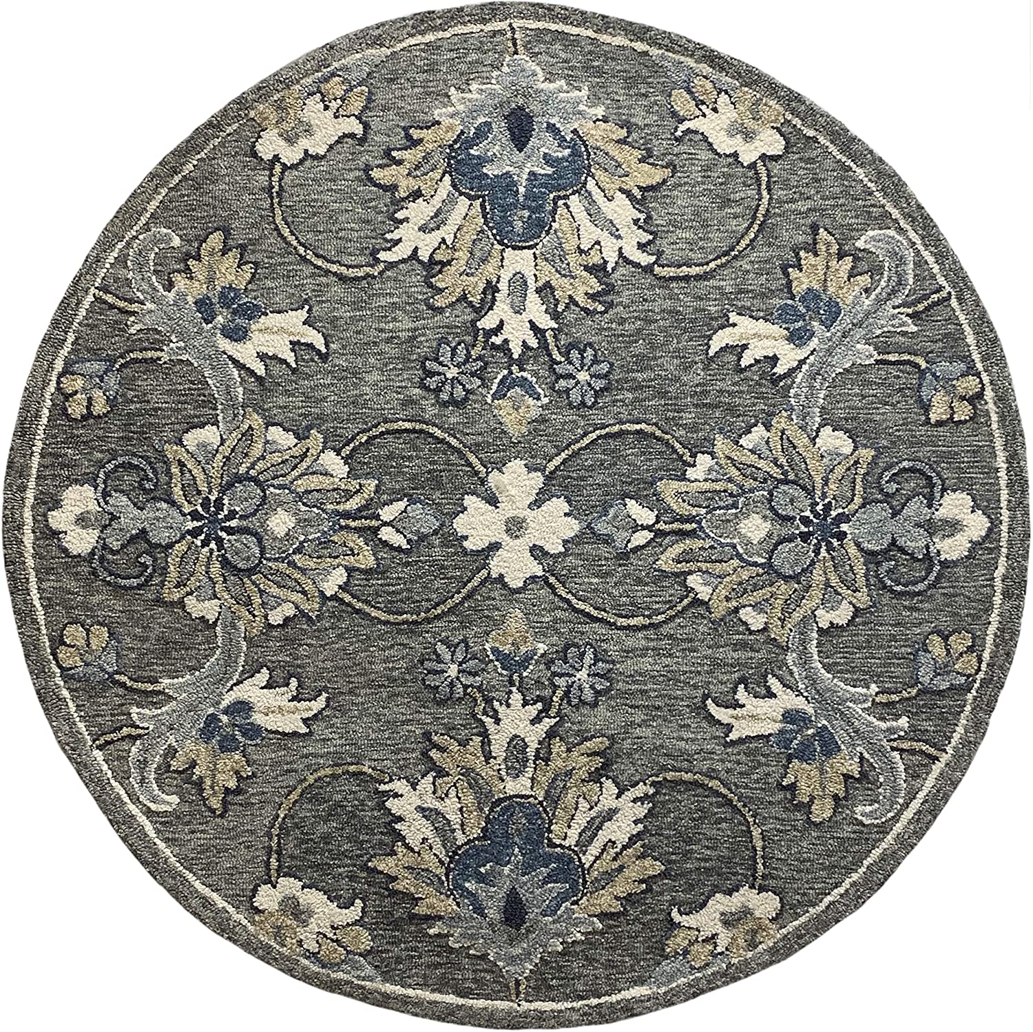 3’ Round Gray Floral FIligree Area Rug