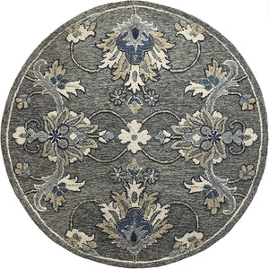 3’ Round Gray Floral FIligree Area Rug