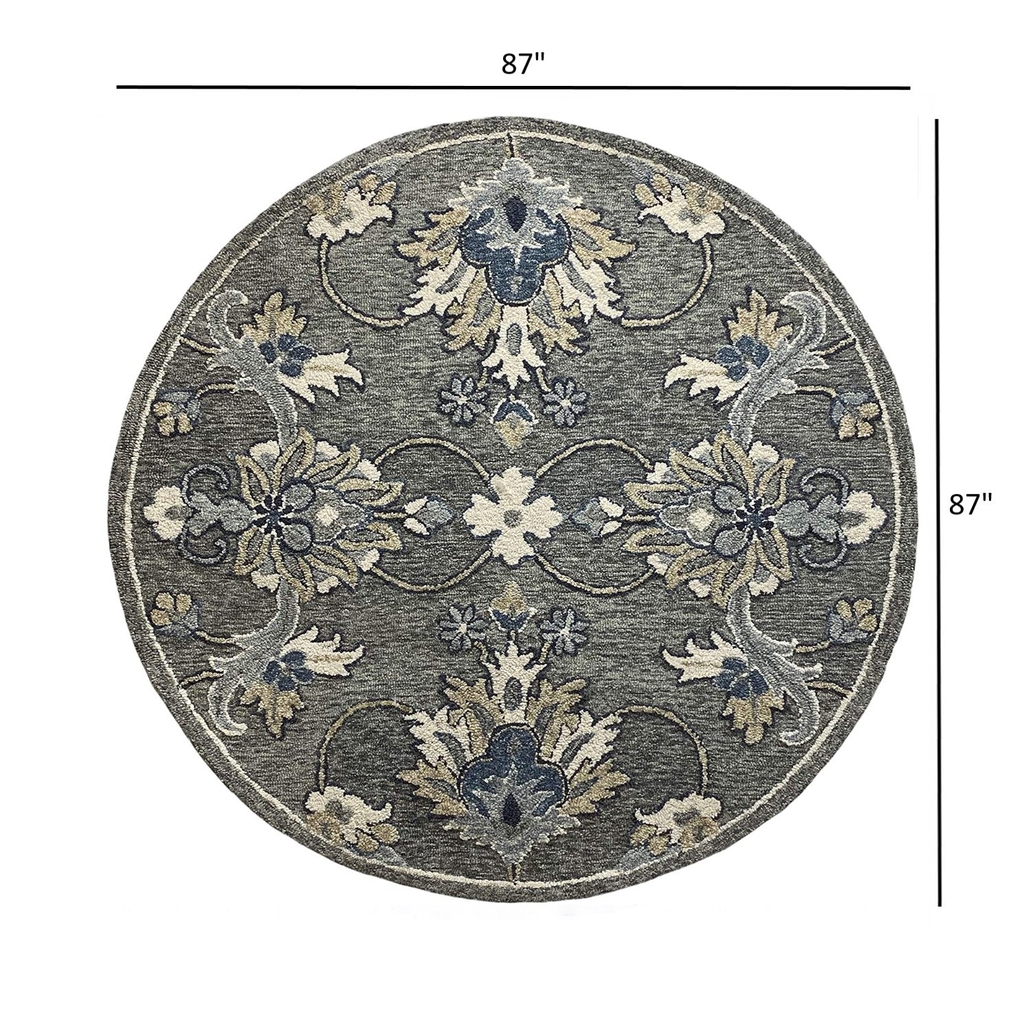 3’ Round Gray Floral FIligree Area Rug