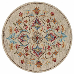 4’ Round Beige Floral Medallion Area Rug