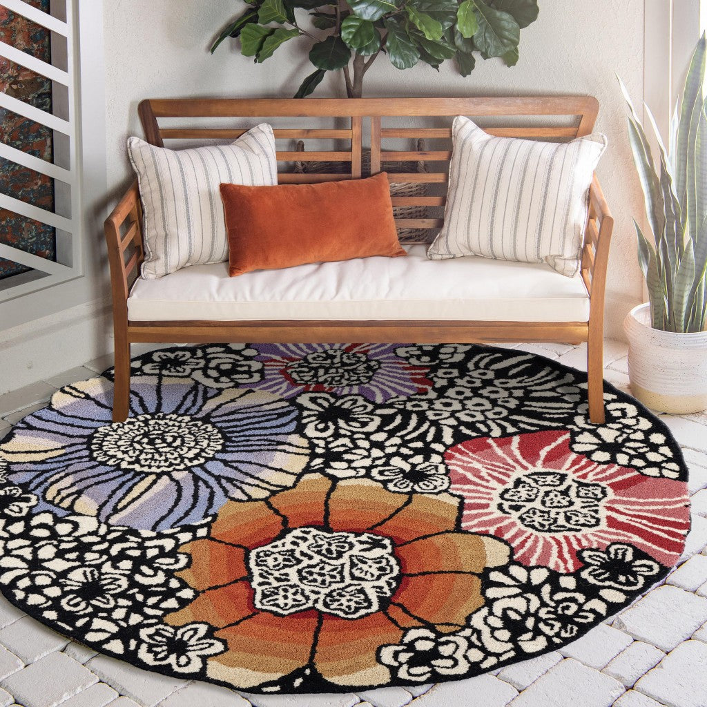 4’ Round Red and Black Floral Area Rug