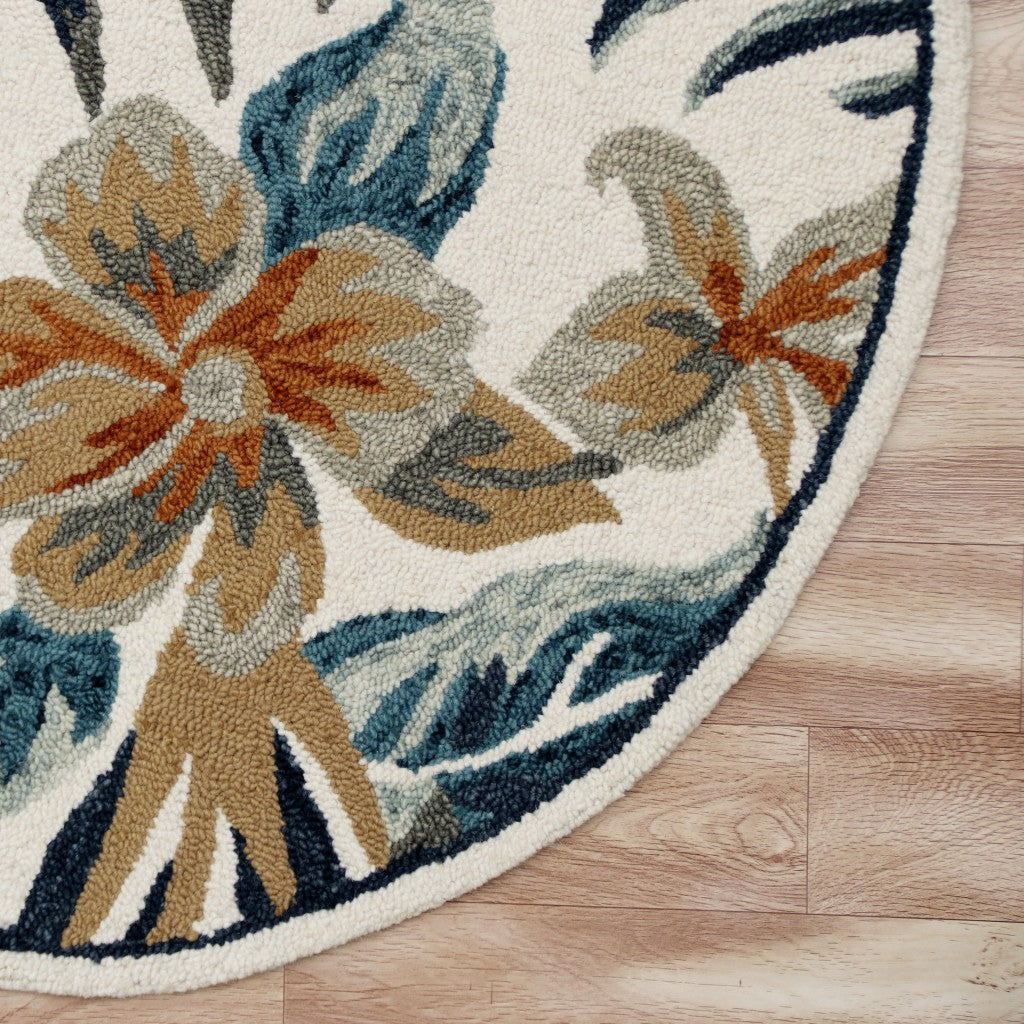 4’ Round Blue and White Tropical Area Rug