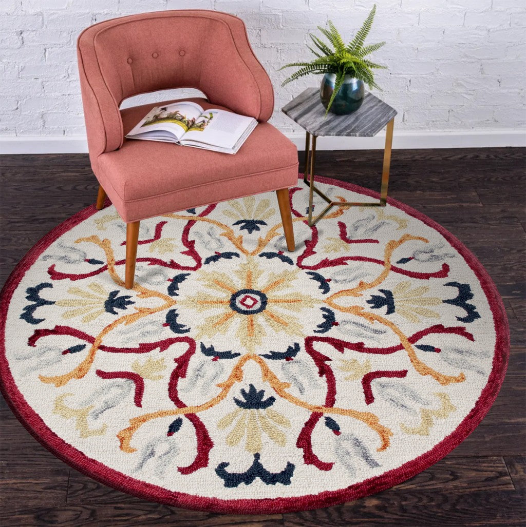 4’ Round Red and Ivory Floral Filigree Area Rug