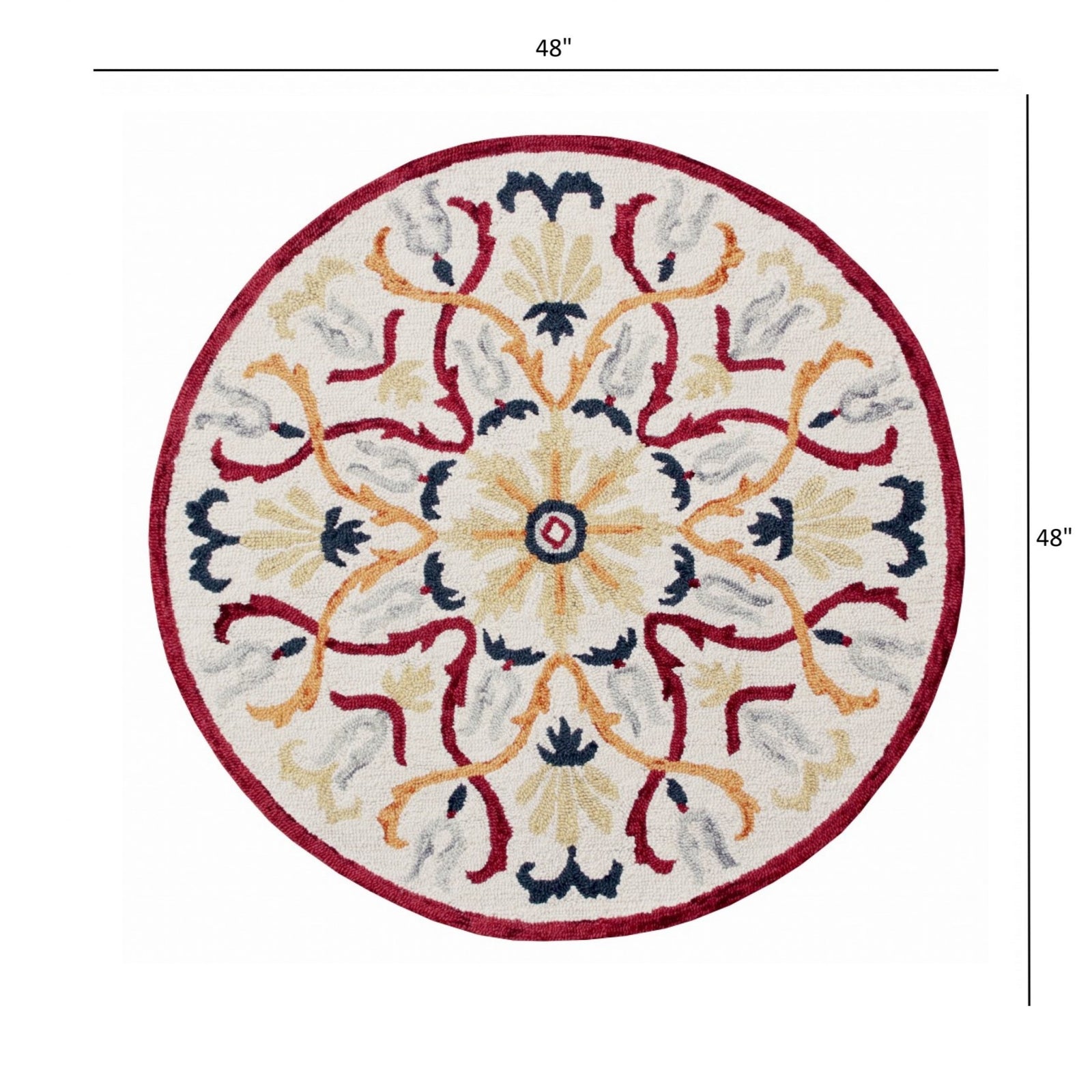 4’ Round Red and Ivory Floral Filigree Area Rug