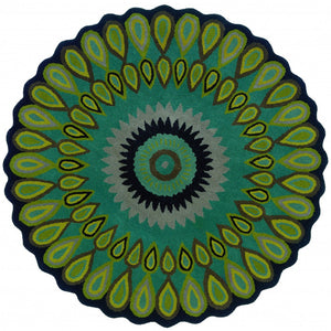 3’ Round Green Peacock Feather Area Rug