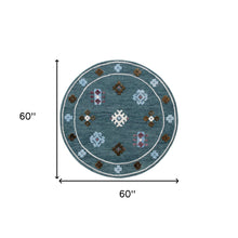 5’ Round Blue Bordered Motif Area Rug