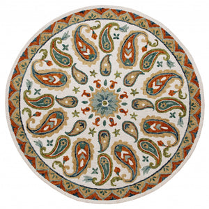7’ Round Orange and White Paisley Area Rug