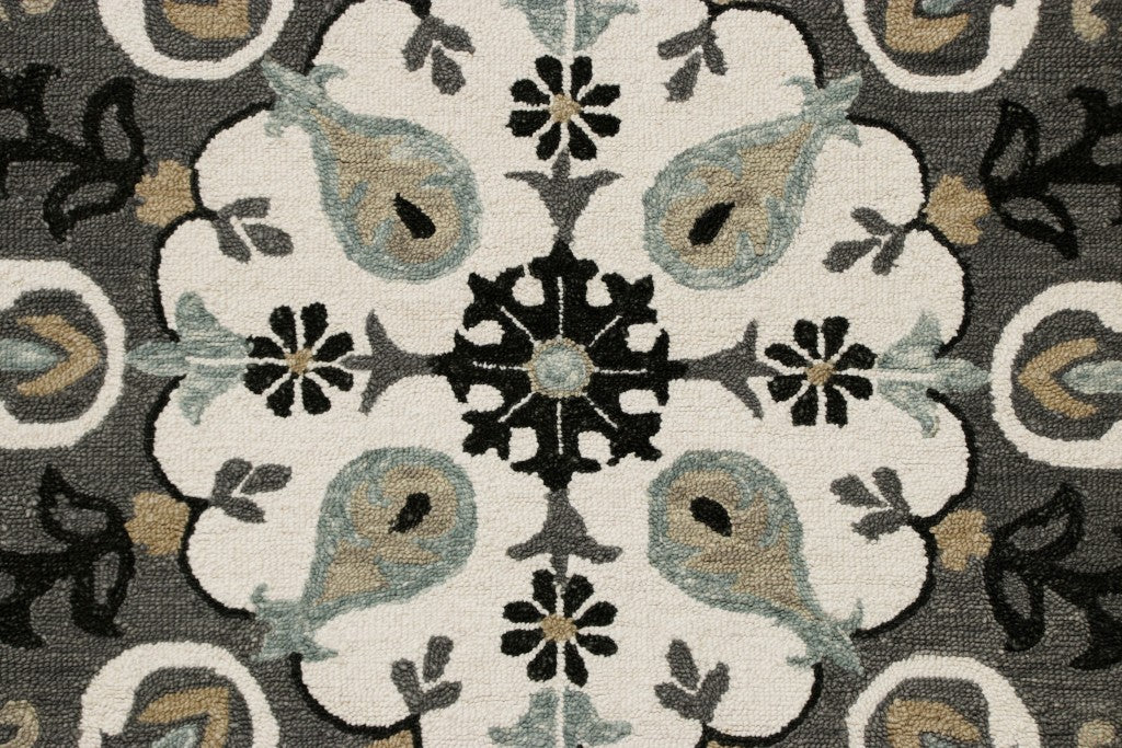 7’ Round Gray and White Floral Medallion Area Rug