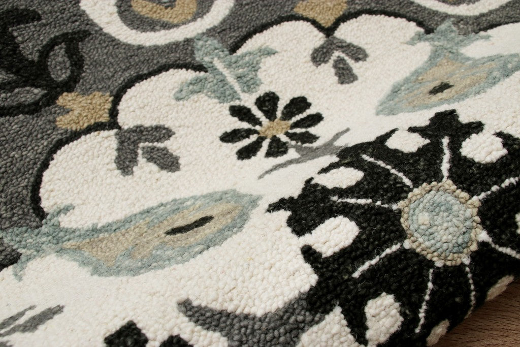 7’ Round Gray and White Floral Medallion Area Rug