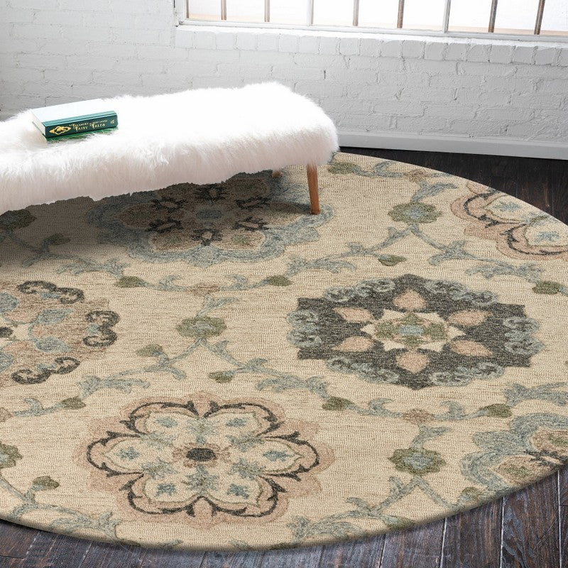 5’ Round Ivory Intricate Floral Area Rug
