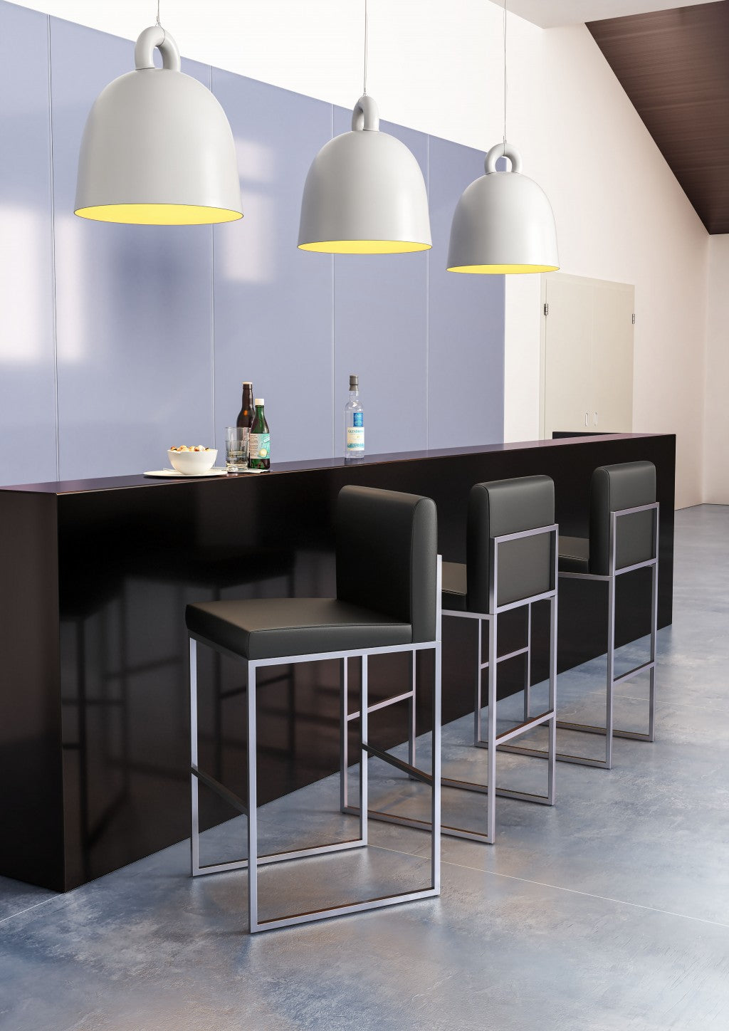 43" Gray Faux Leather And Chrome Low Back Bar Height Chair With Footrest