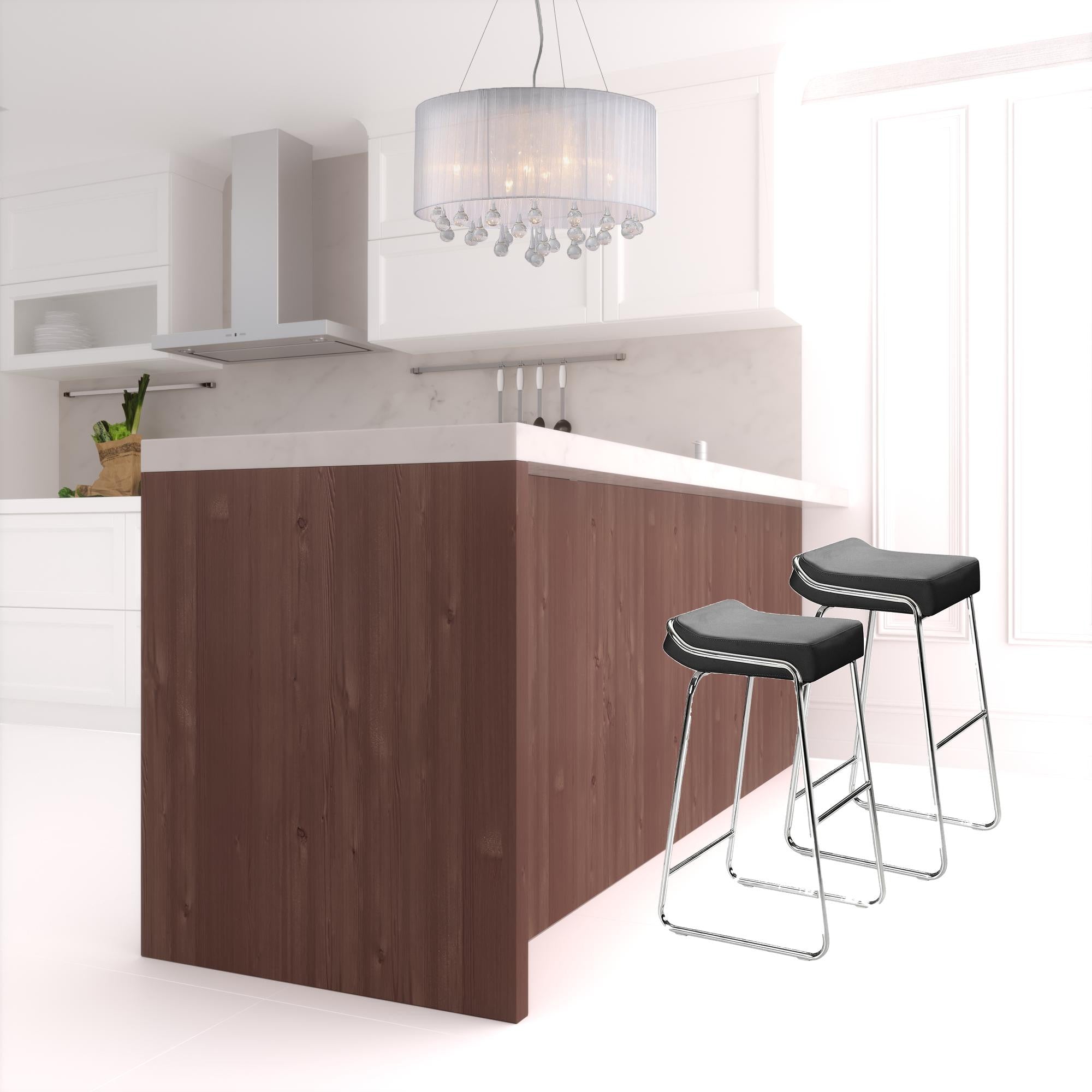 兩件套 33 英寸黑色人造皮革和鍍鉻無背吧台高椅子