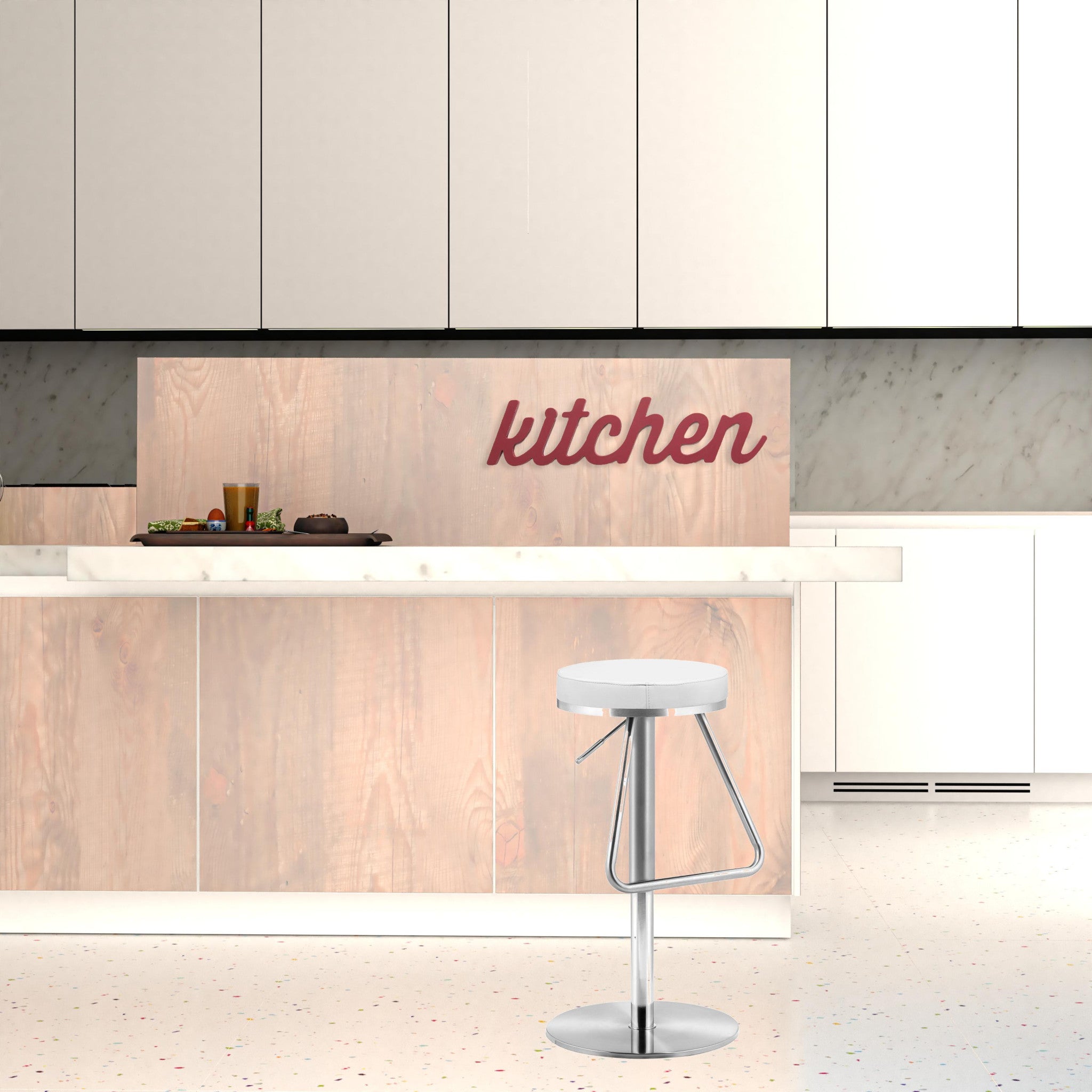 22" White And Silver Steel Swivel Backless Bar Height Chair With Footrest