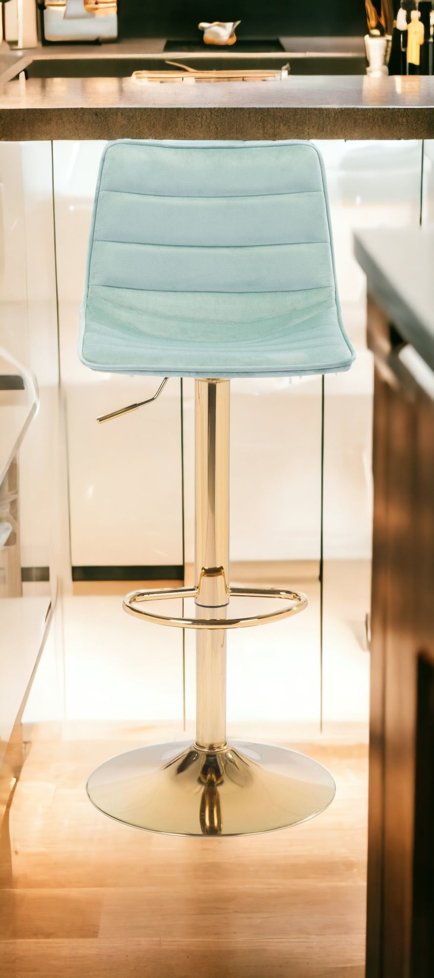 35" Light Green And Gold Steel Swivel Low Back Counter Height Bar Chair With Footrest