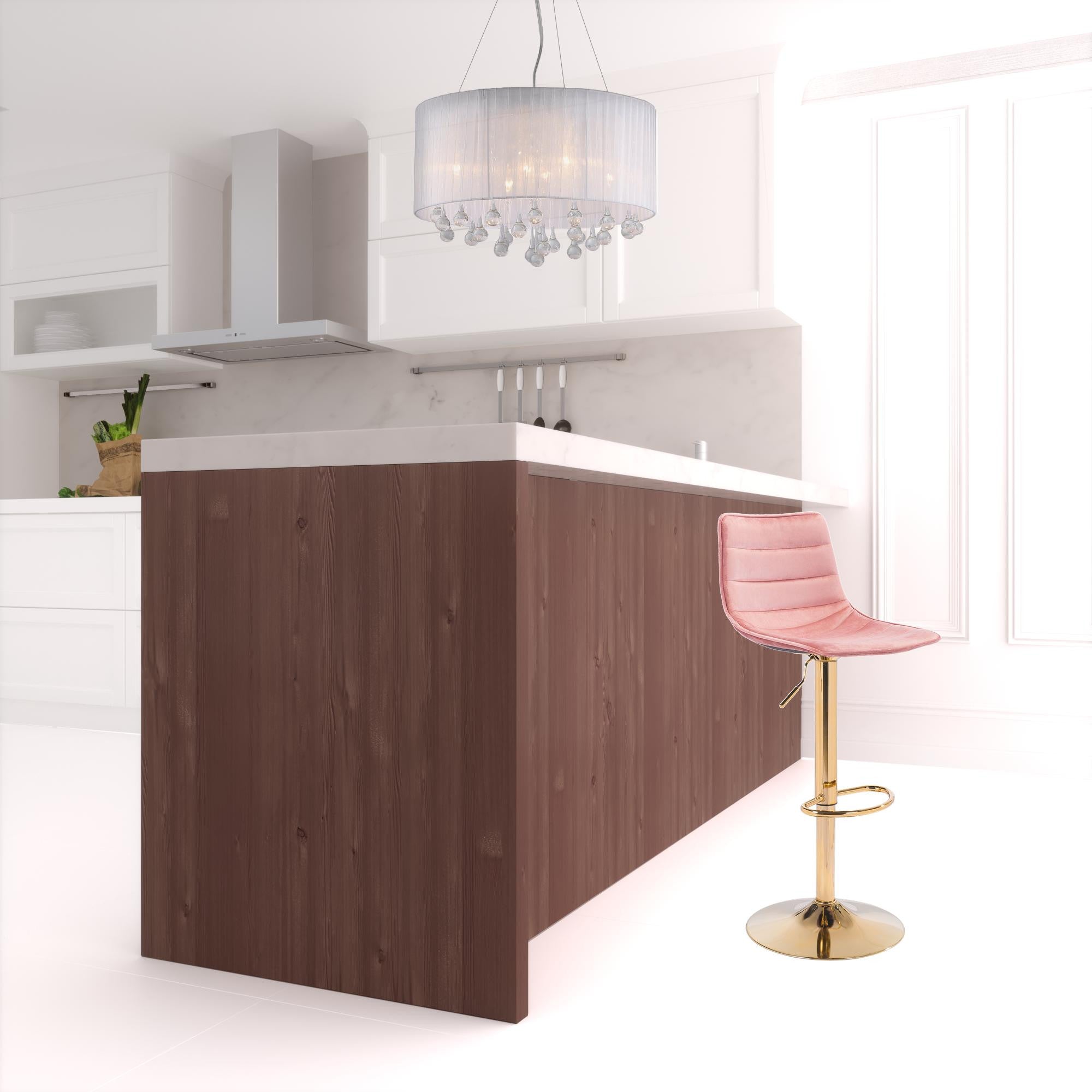 35" Pink And Gold Steel Swivel Low Back Counter Height Bar Chair With Footrest