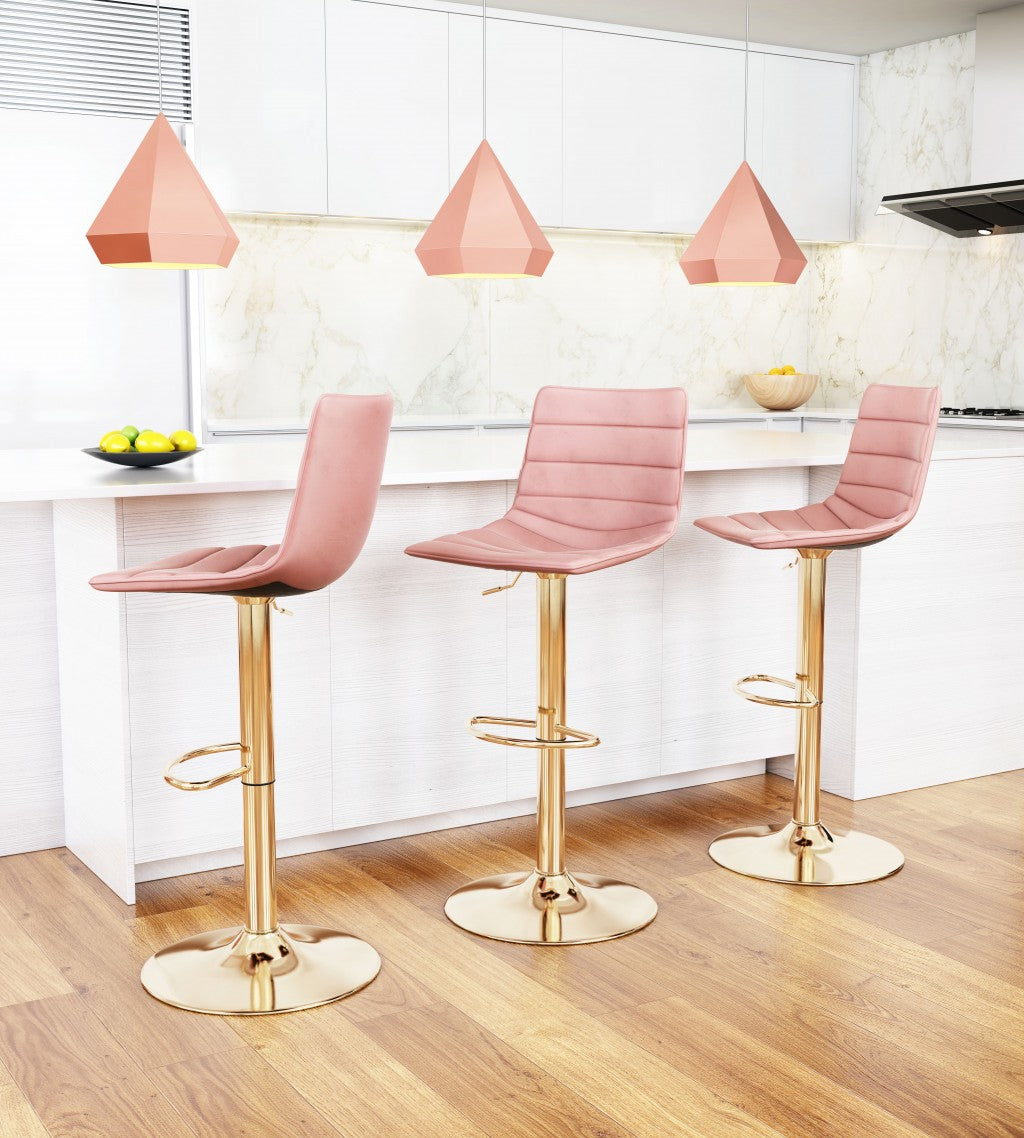 35" Pink And Gold Steel Swivel Low Back Counter Height Bar Chair With Footrest
