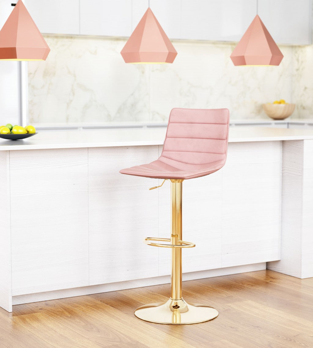 35" Pink And Gold Steel Swivel Low Back Counter Height Bar Chair With Footrest