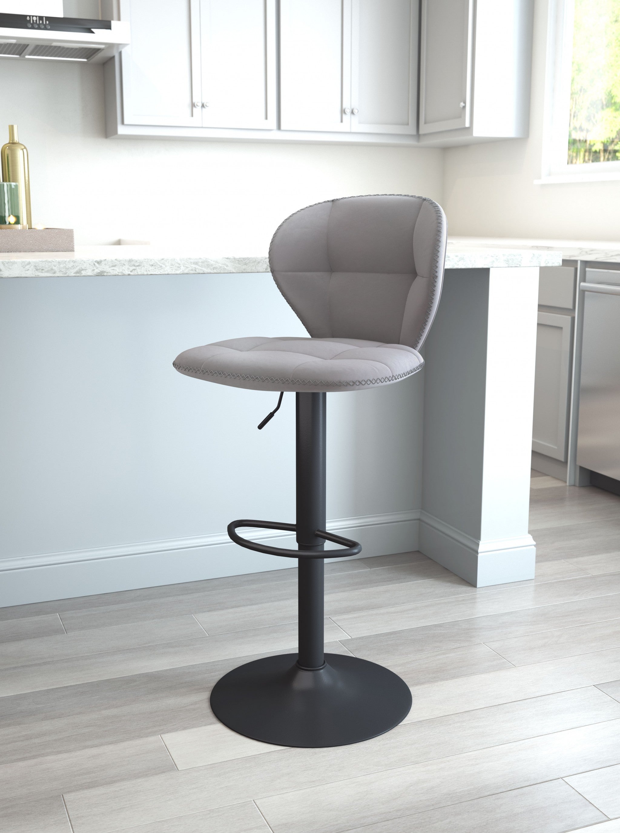35" Gray And Black Steel Swivel Low Back Counter Height Bar Chair With Footrest