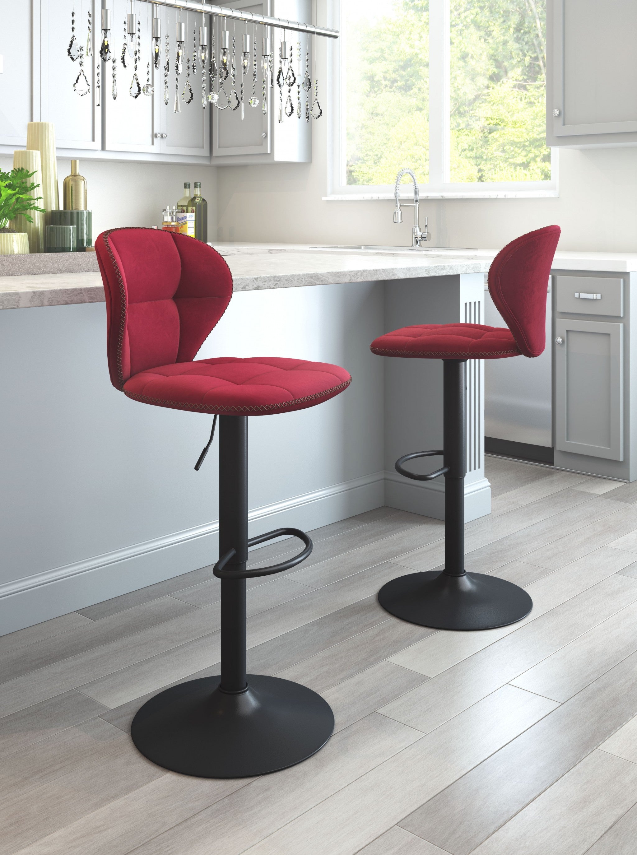 35" Red And Black Steel Swivel Low Back Counter Height Bar Chair With Footrest