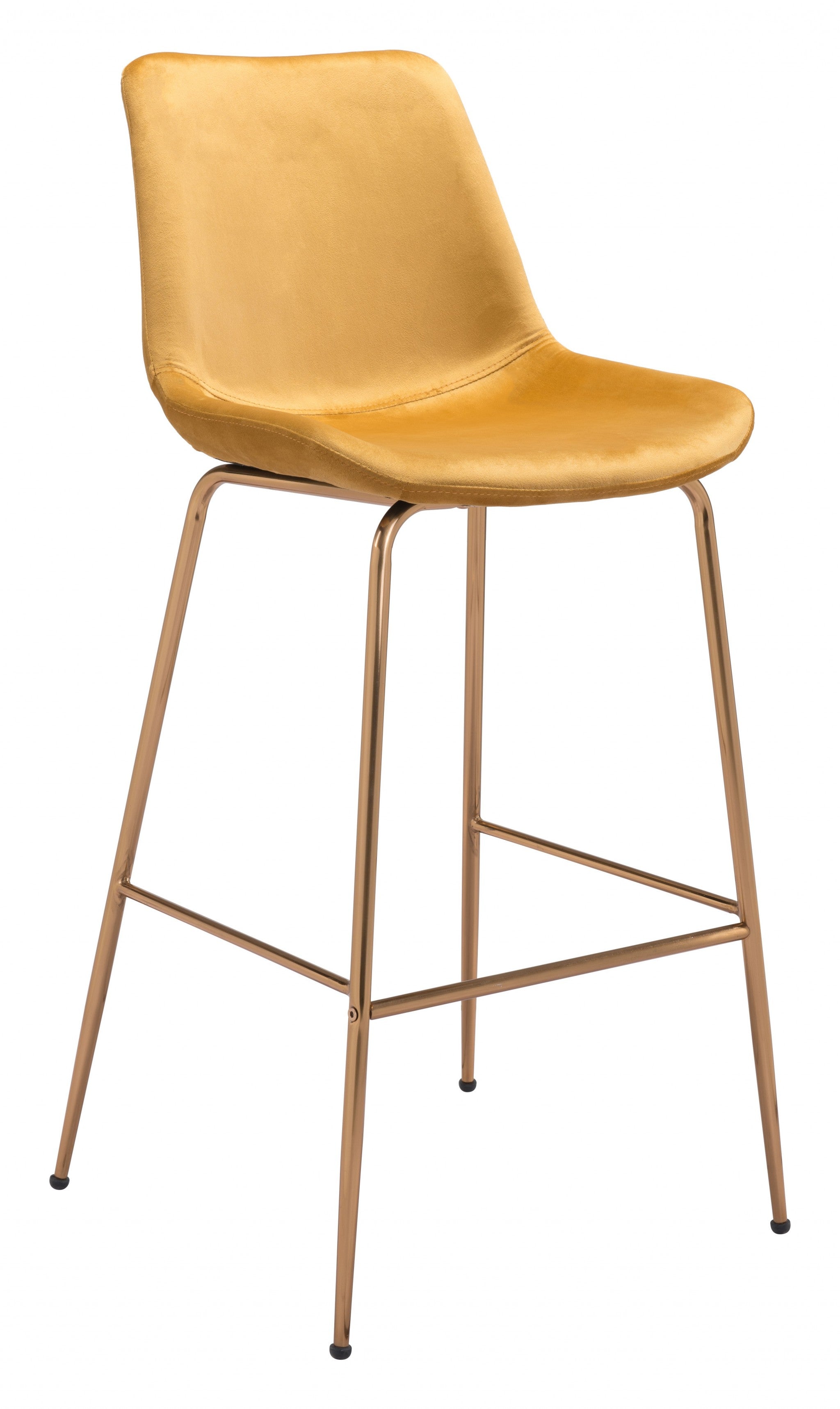 43" Yellow Velvet And Gold Steel Low Back Bar Height Chair With Footrest