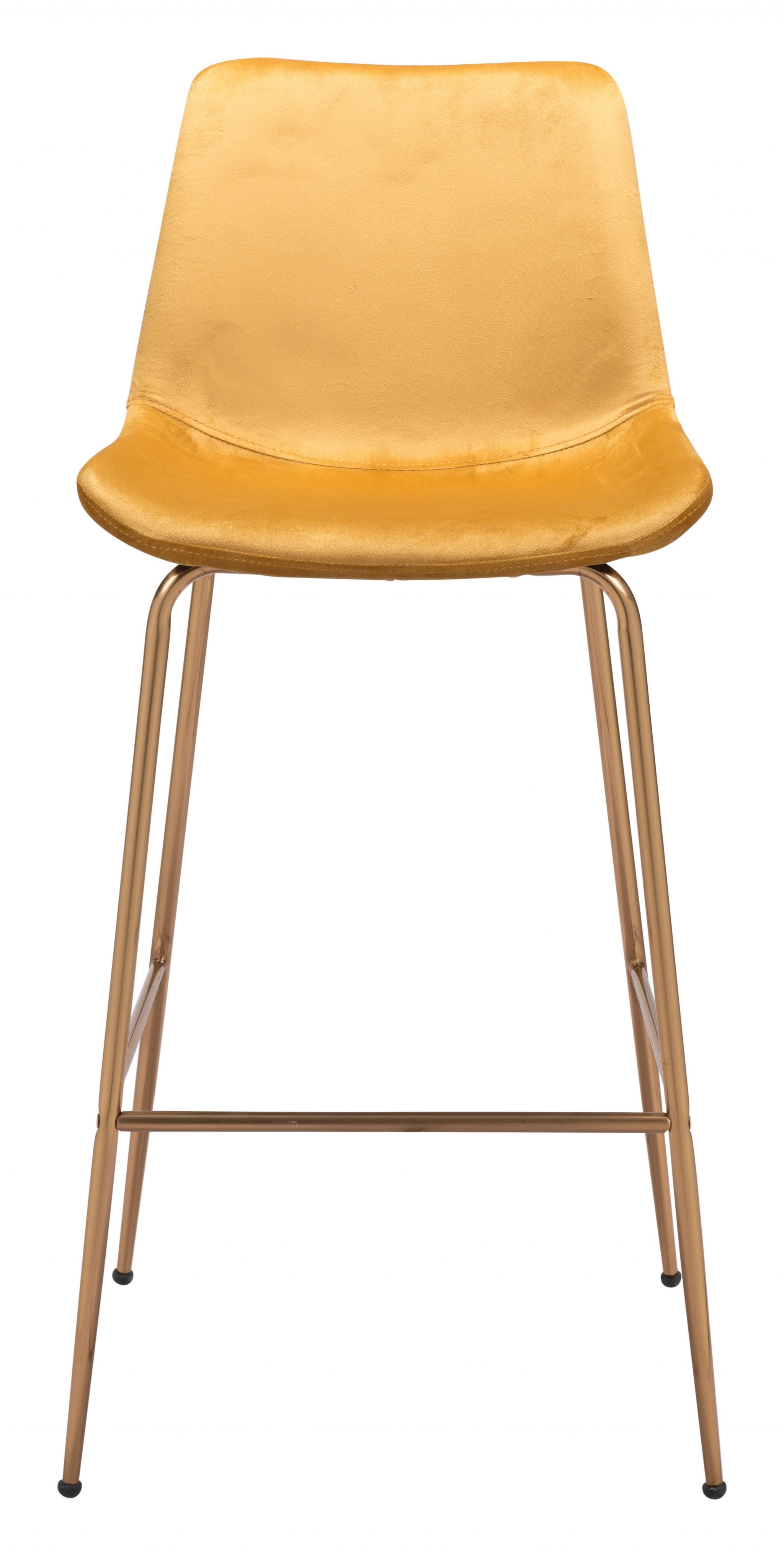 43" Yellow Velvet And Gold Steel Low Back Bar Height Chair With Footrest
