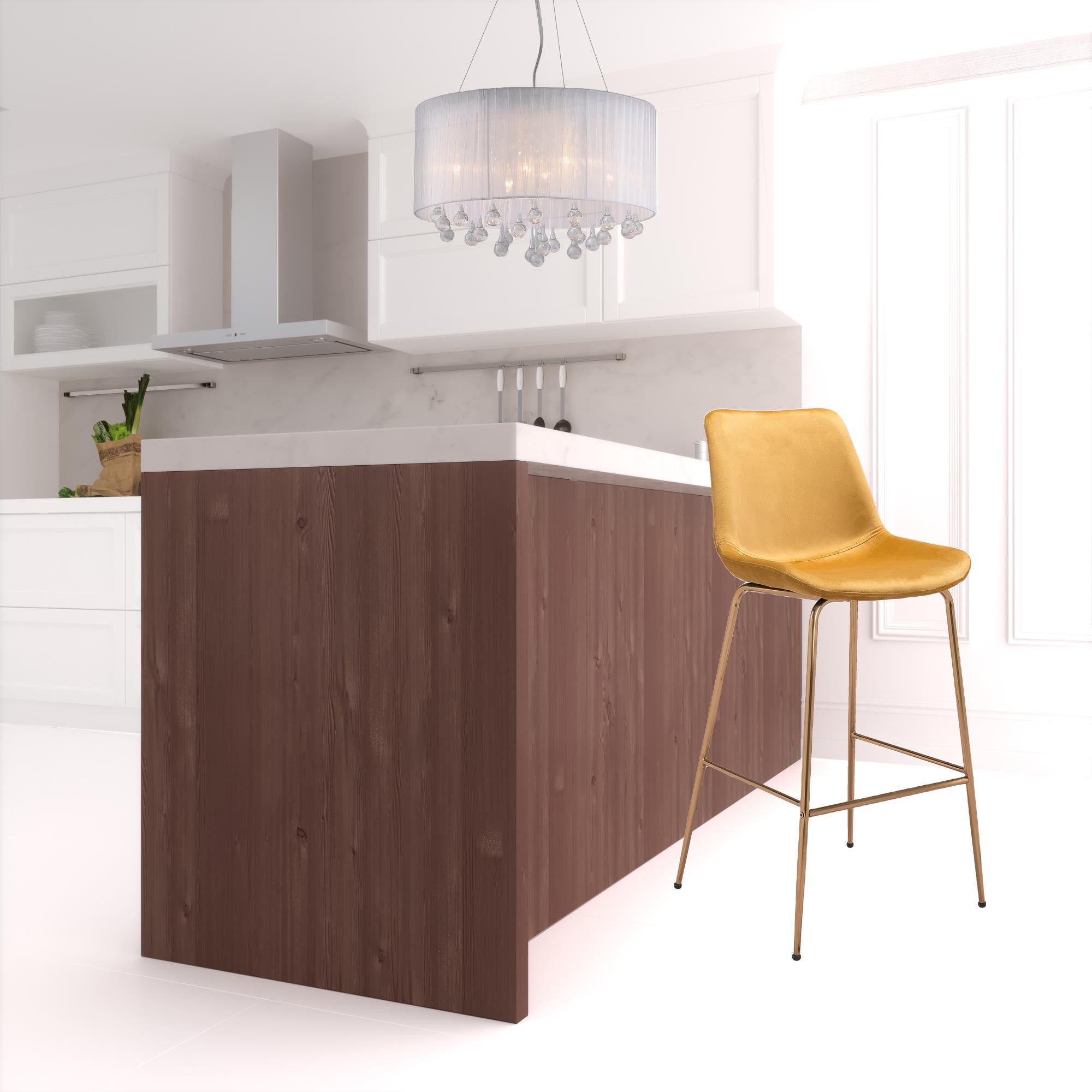 43" Yellow Velvet And Gold Steel Low Back Bar Height Chair With Footrest