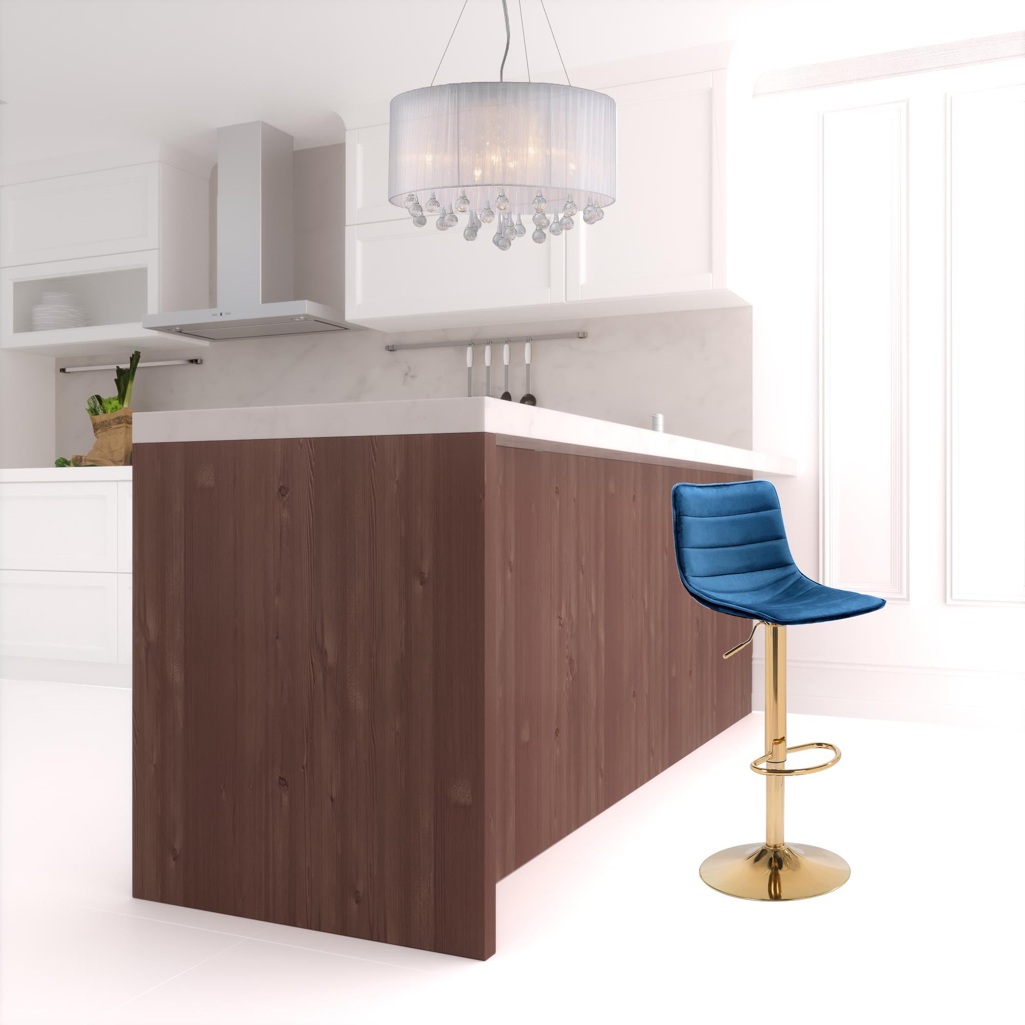 35" Dark Blue And Gold Steel Low Back Counter Height Bar Chair With Footrest