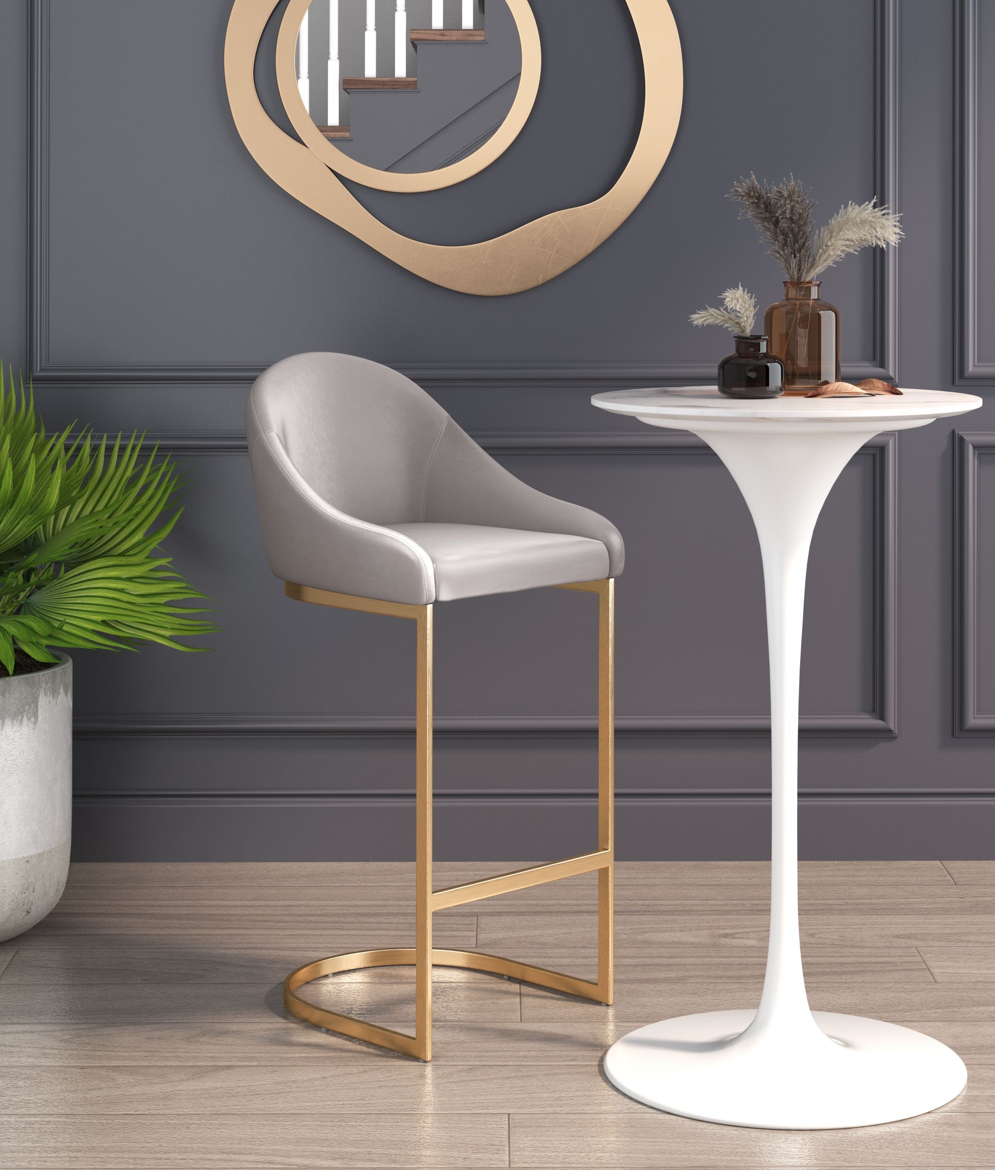 38" Gray And Gold Steel Low Back Bar Height Chair With Footrest