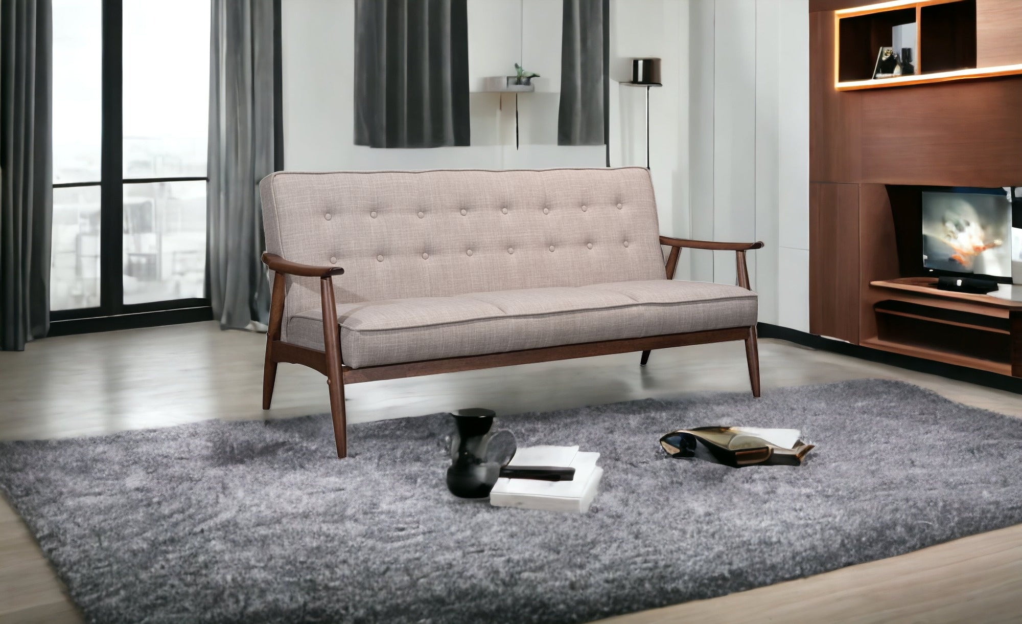 69" Taupe Beige Tufted Fabric And Brown Solid Wood Sofa