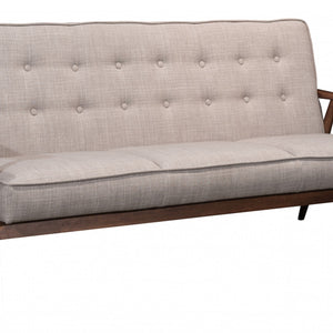 69" Taupe Beige Tufted Fabric And Brown Solid Wood Sofa