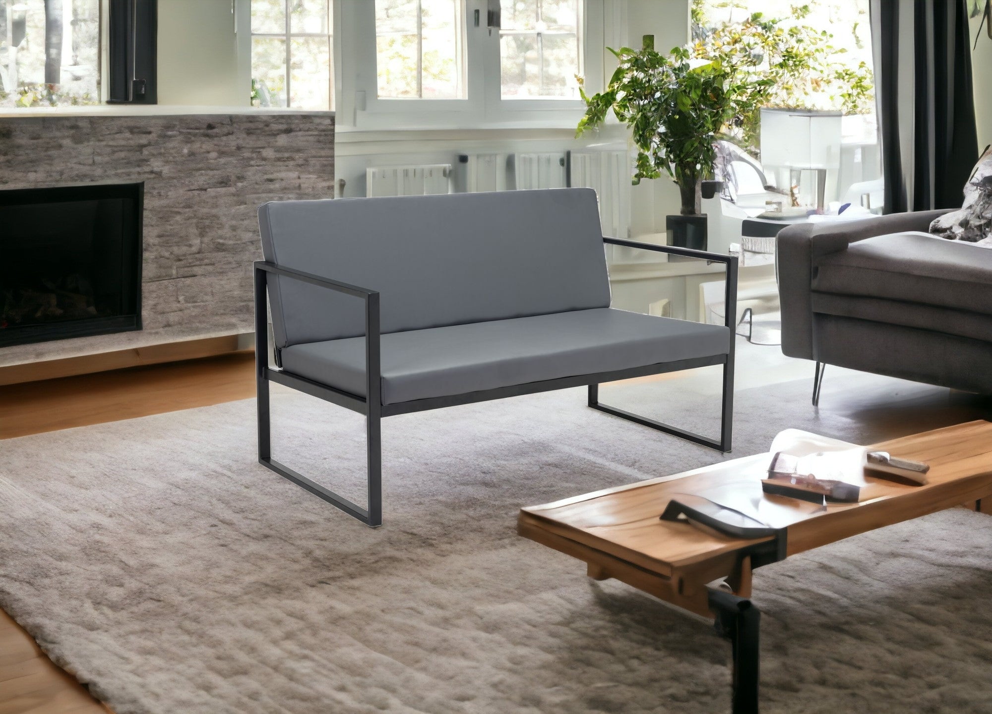 45" Gray Faux Leather And Black Metal Contemporary Sofa